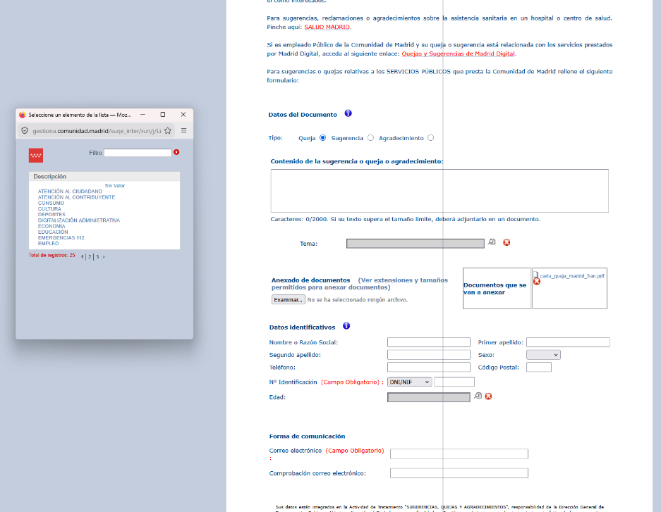 Captura del formulario de quejas
